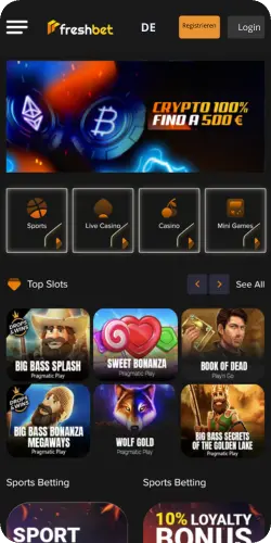 Hauptseite der Freshbet App mit Wett und Casino Bereichen nach Freshbet herunterladen